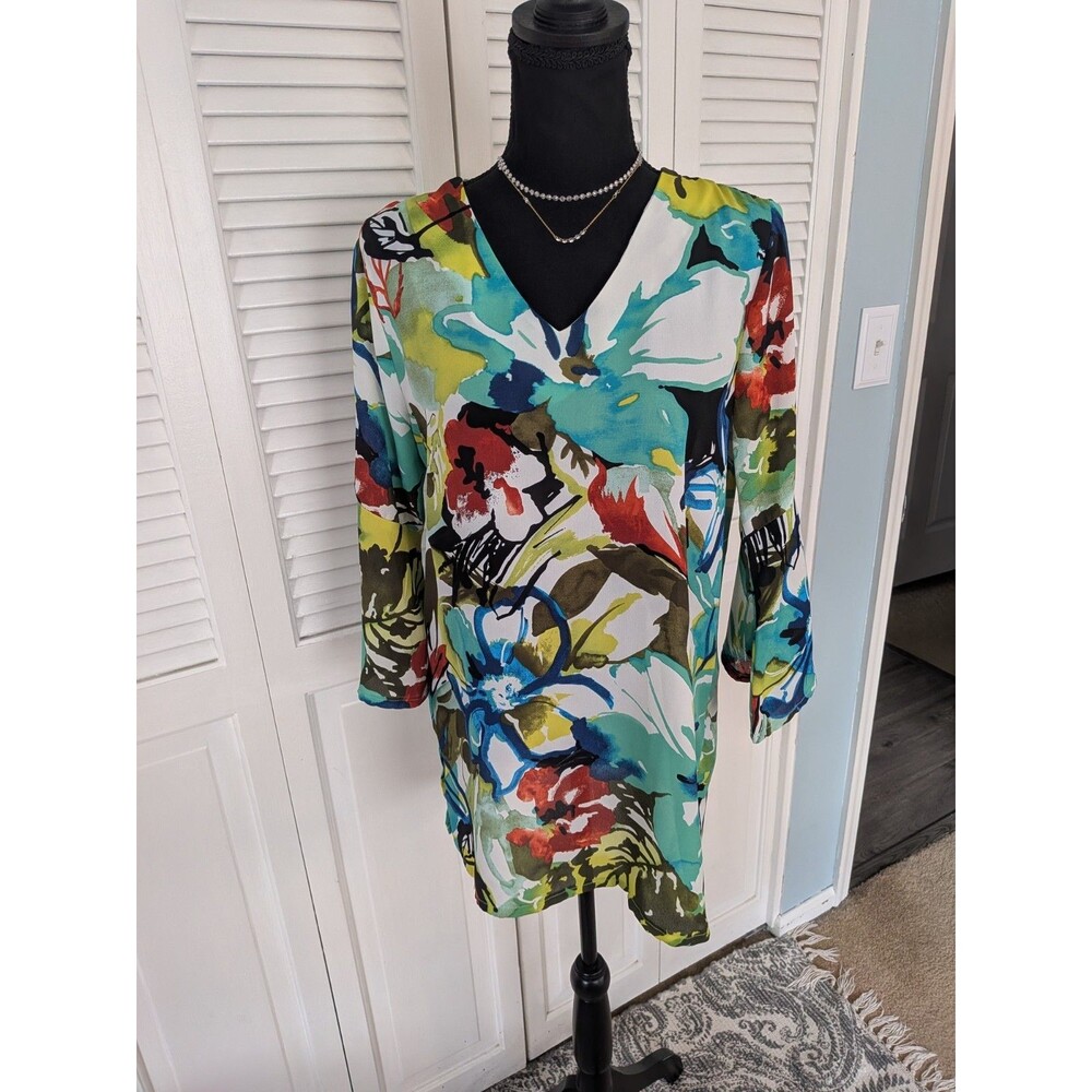 Peck & Peck Teal, Blue, Green & Red Floral V-Neck Blouse